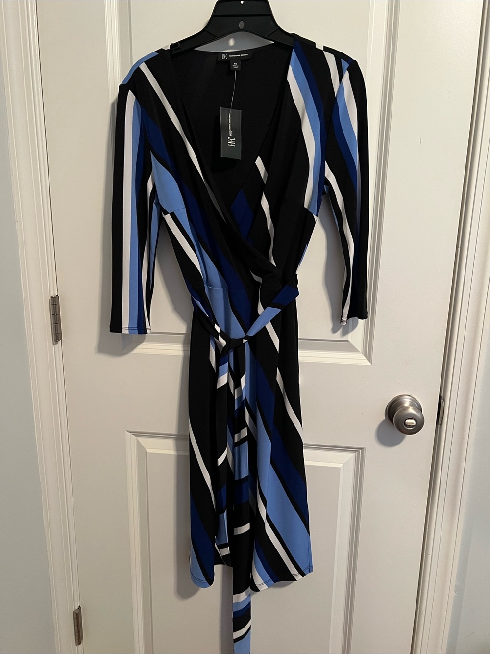 INC International Concepts Black, Blue & White Striped Wrap Midi Dress